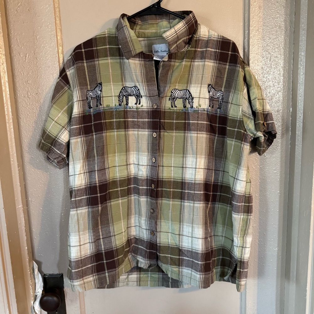 VTG Bobbie Brooks‎ Plaid Button Down Zebra Embroidered Earthy Safari Boho